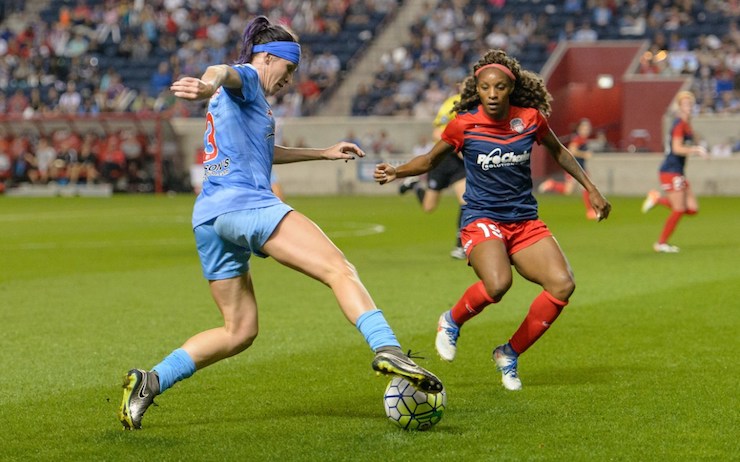 Arin Gilliland, Crystal Dunn during a regular season NWSL match between the Chicago Red Stars and the Washington Spirit.