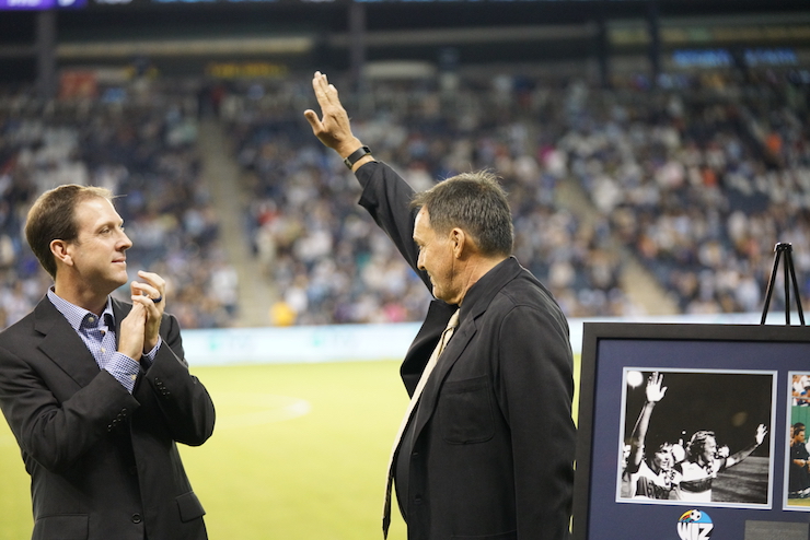 Guy Newman pay tribute to his dad Ron Newman at Sporting KC halftime game - Photo Credit Diane Scavuzzo