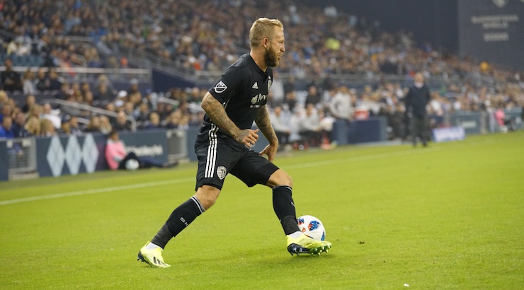 Sporting KC forward Johnny Russell scores the equalizer against LA Galaxy