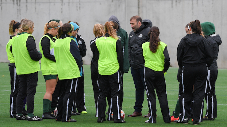 College Soccer News- SLC Head Coach Maurizio Grillo with his women's soccer team at practice on SoccerToday