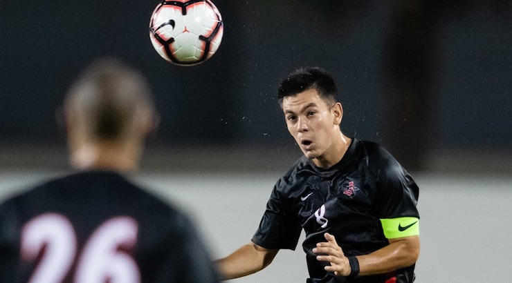 Senior captain Pablo Pelaez scored two goals to help lift SDSU's Aztec men’s soccer team (2-1-0) to a 2-1 win over Belmont in the first match of the Courtyard San Diego Central Aztec Soccer Classic Friday evening.