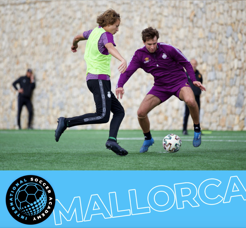 International Soccer Academy's 19-year-old Creighton Braun at soccer training in Mallorca Spain -- battling JoeJoe Richardson for the ball