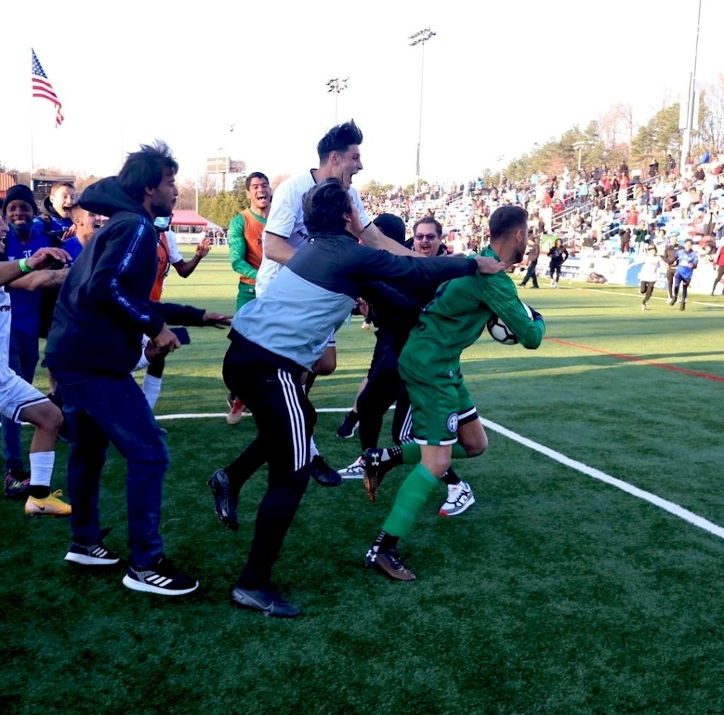  Ginga Atlanta celebrates after they defeated Olympians FC, 0-0 (3-1), to win the United Premier Soccer League (UPSL) 2020 Fall/Winter Season National Championship Game at Silverabacks Stadium